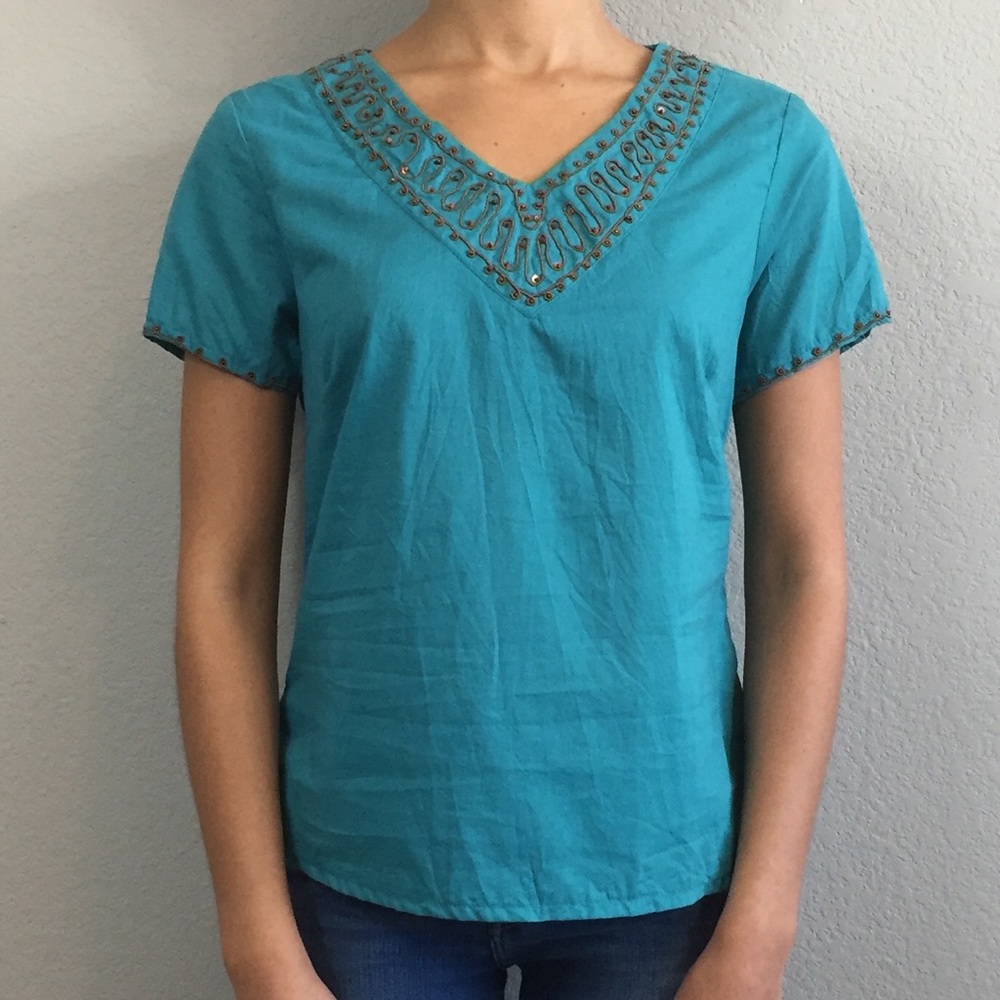 NWOT Teal Embellished V-Neck Top